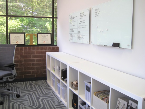 Three words: Glass. Magnetic. White boards. Ok, four words. Plus my diplomas got to see the light of day for the first time in, ever.